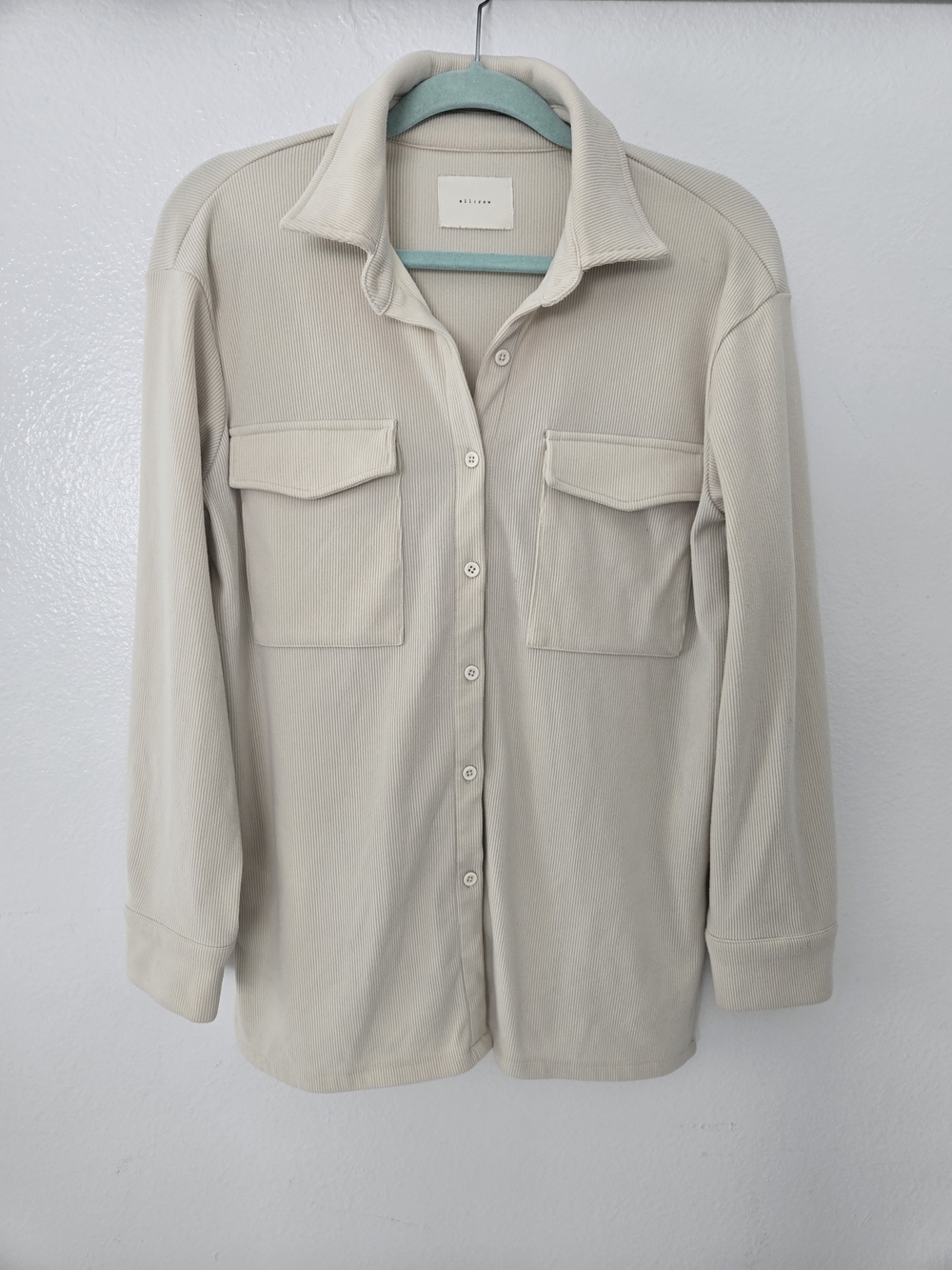 Women's Button-Down Utility Shirt Jacket in Light Beige - Minimalist Style Sz S